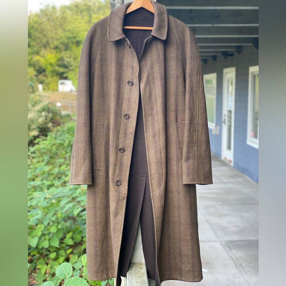 Chrysalis England Reversible Tweed Melton Wool Green Brown Check Overcoat 40 - Picture 5 of 14